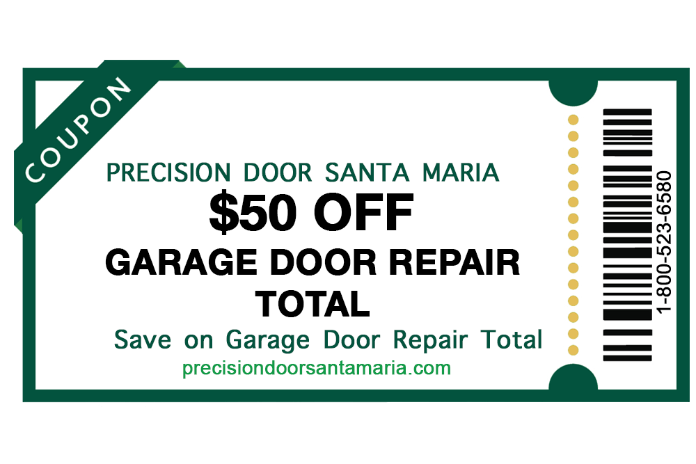 Promotional coupon from Precision Door Santa Maria offering a $50 discount on total garage door repair services, with the company's website mentioned as precisiondoorsantamaria.com.
