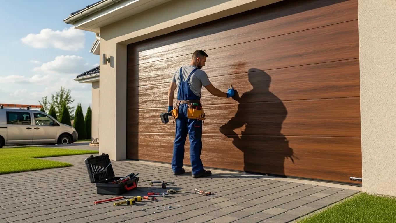 A garage door repair technician working on a suburban home, illustrating common garage door issues and solutions