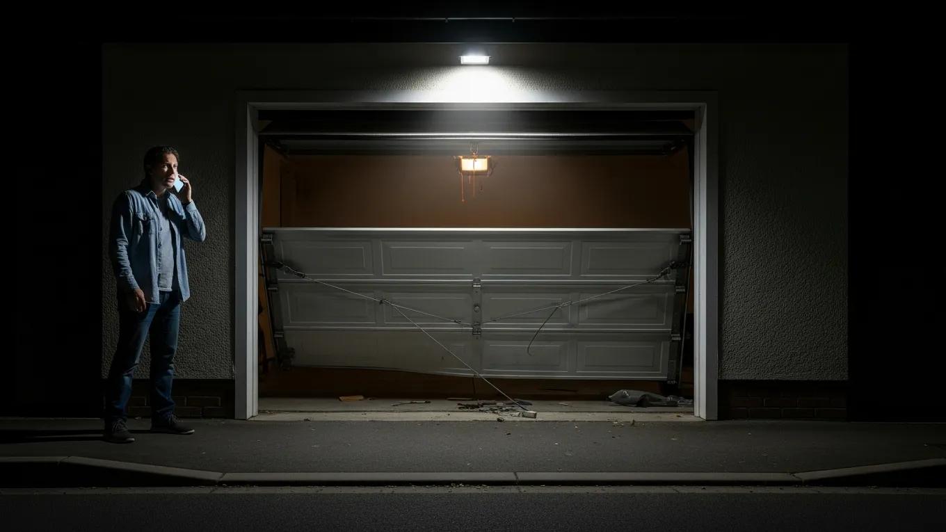 A homeowner anxiously facing a garage door stuck open at night, highlighting the need for emergency garage door repair services
