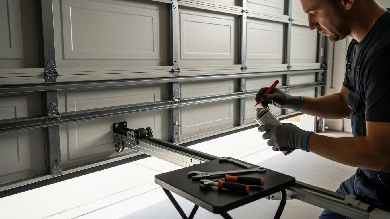 A person performing garage door maintenance, emphasizing routine inspections and lubrication for longevity