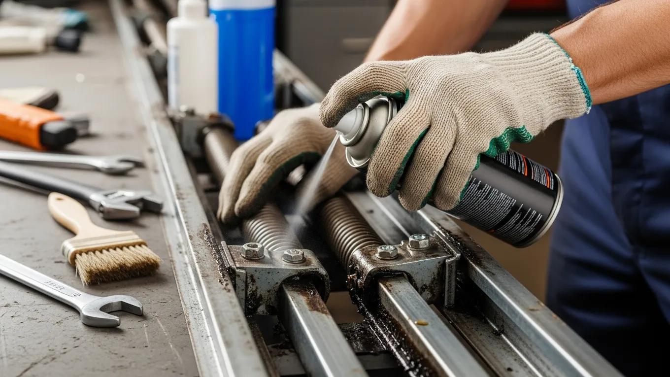 A technician performing preventive maintenance on garage door tracks and springs, illustrating important upkeep practices