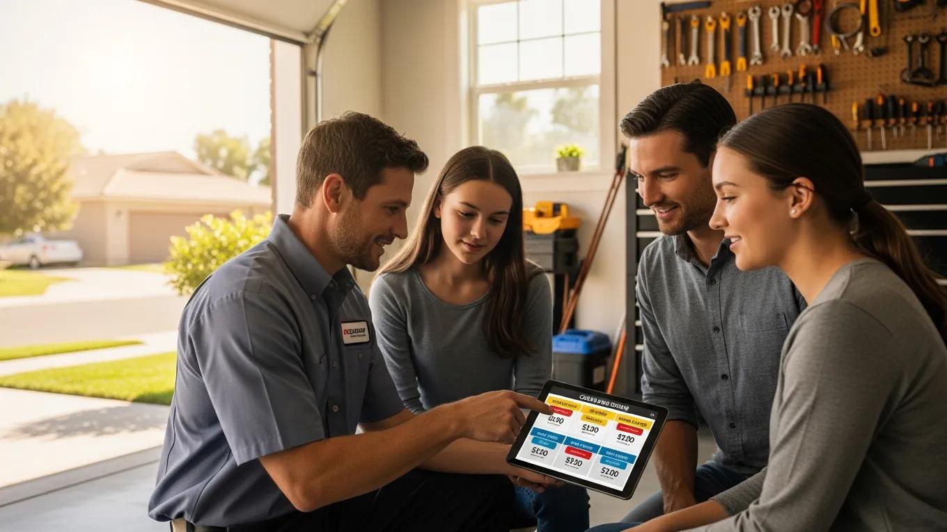 Family discussing affordable garage door repair options with a technician.