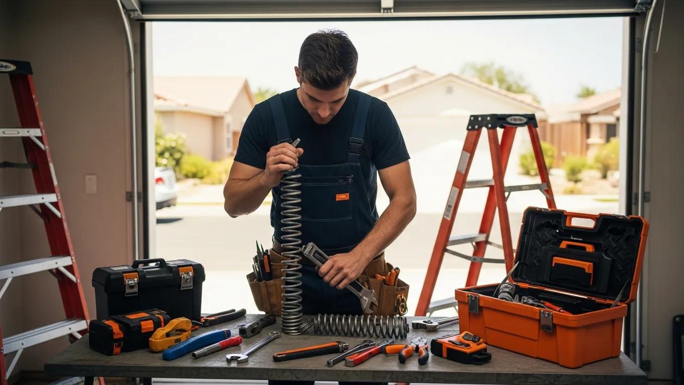 Garage door technician repairing broken spring in Santa Maria residential setting.