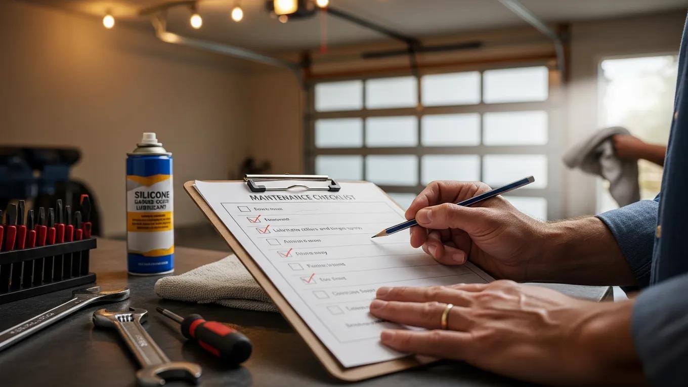 Homeowner reviewing maintenance checklist for garage door care in humid coastal climate