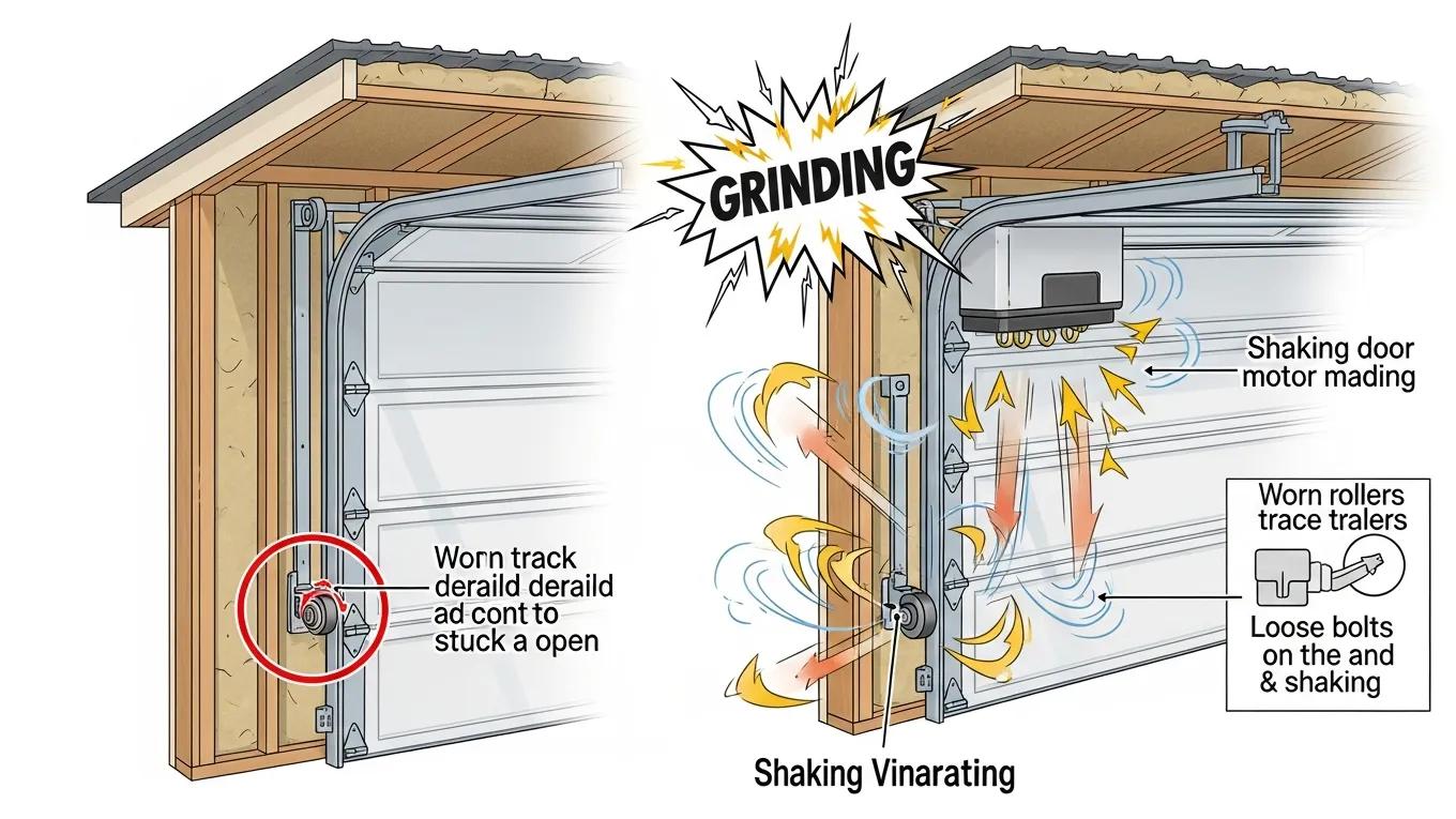Illustration of common garage door problems like stopping mid-track and shaking during operation