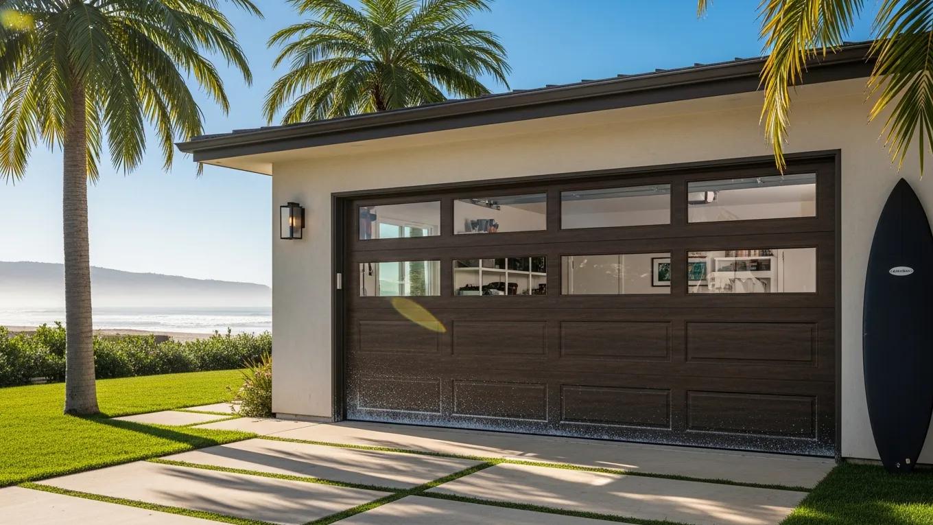 Modern garage door in coastal Santa Maria, illustrating issues with humidity and salt air