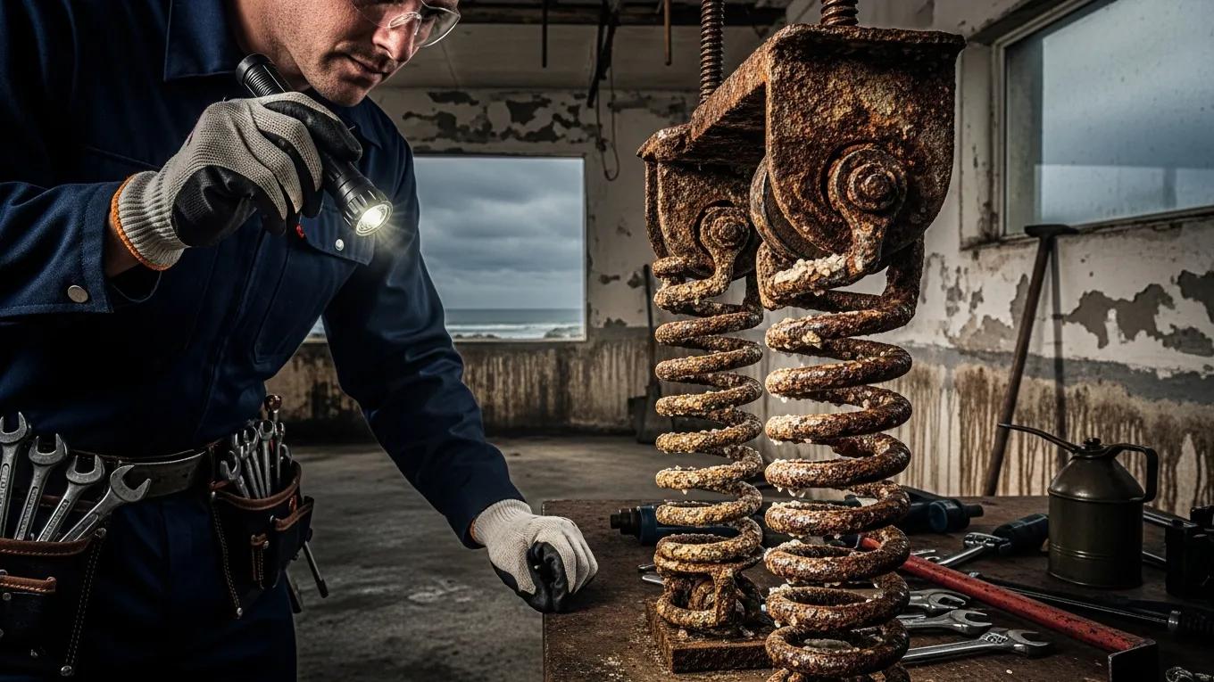 Technician inspecting rusty garage door springs, addressing humidity and salt corrosion effects