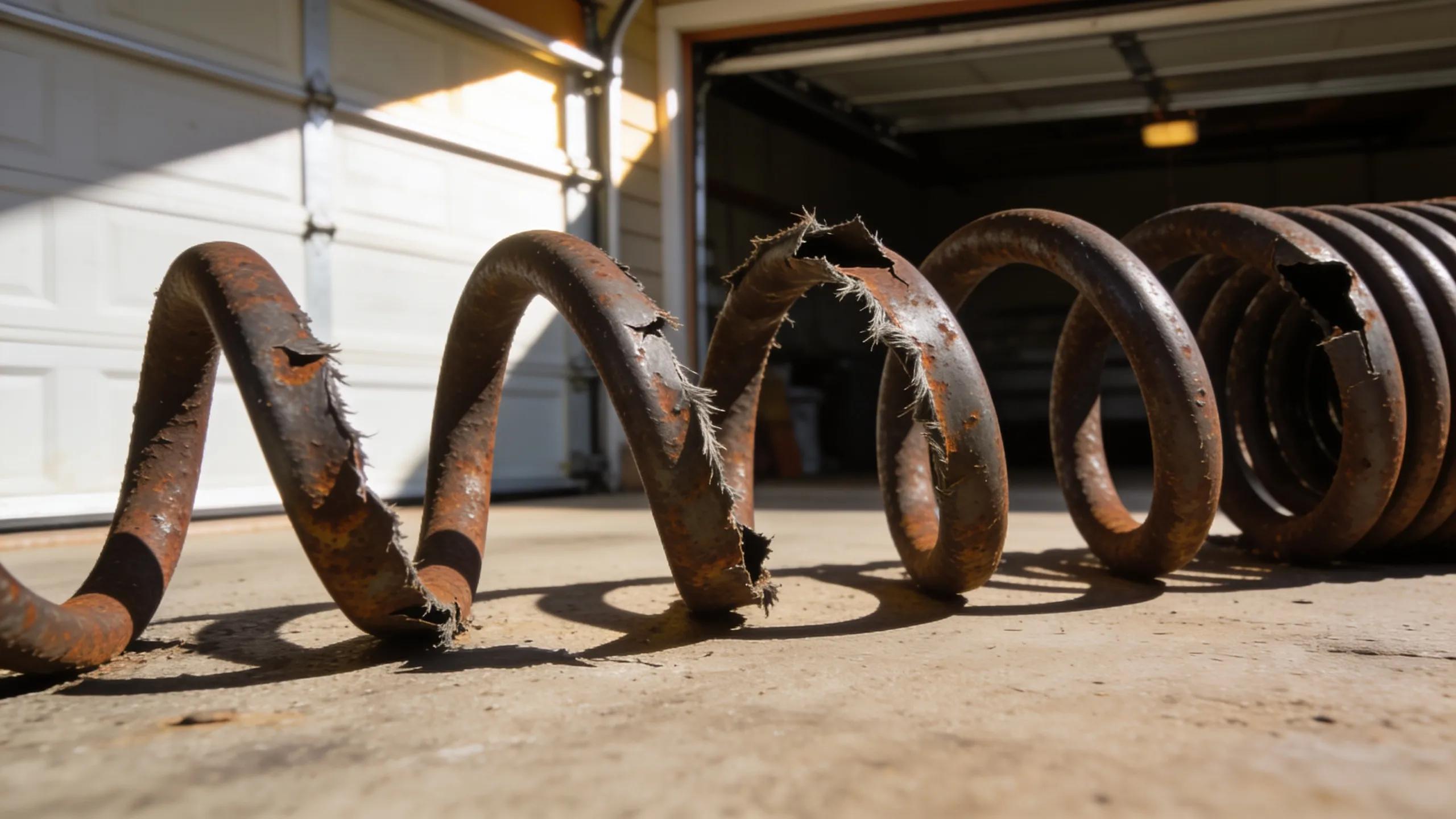 Image of a broken garage door spring illustrating wear and tear in a garage setting