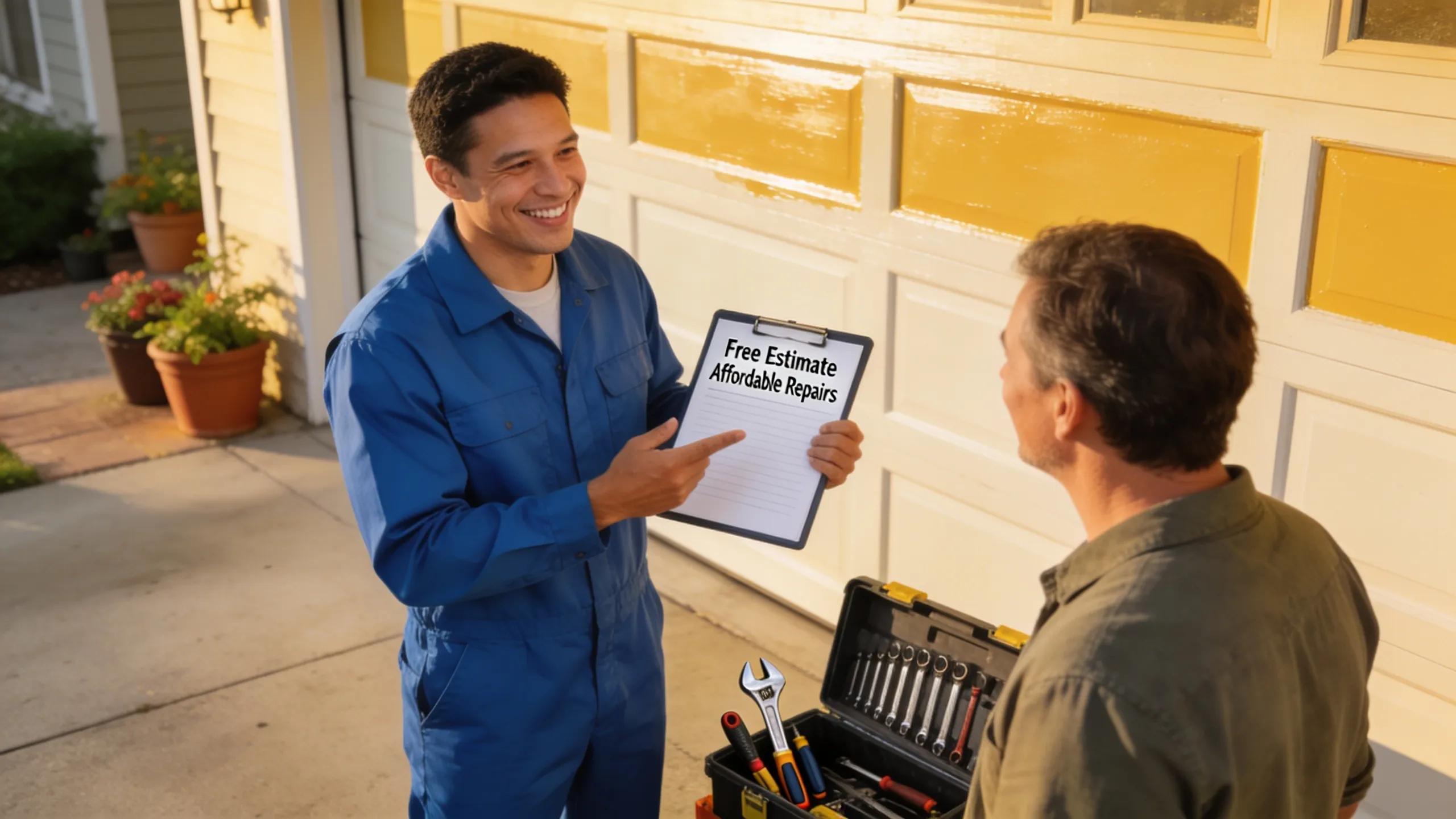 Technician discussing affordable garage door repair options with homeowner