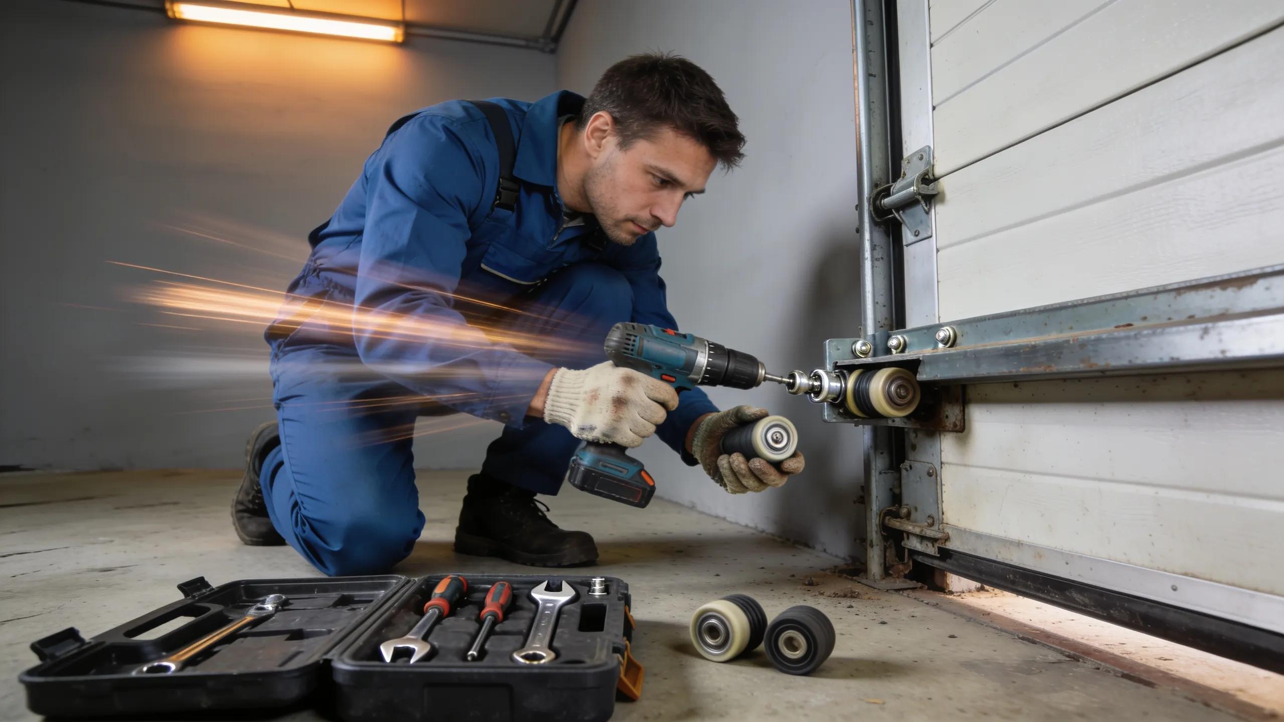 Technician repairing a garage door highlighting troubleshooting and repair solutions