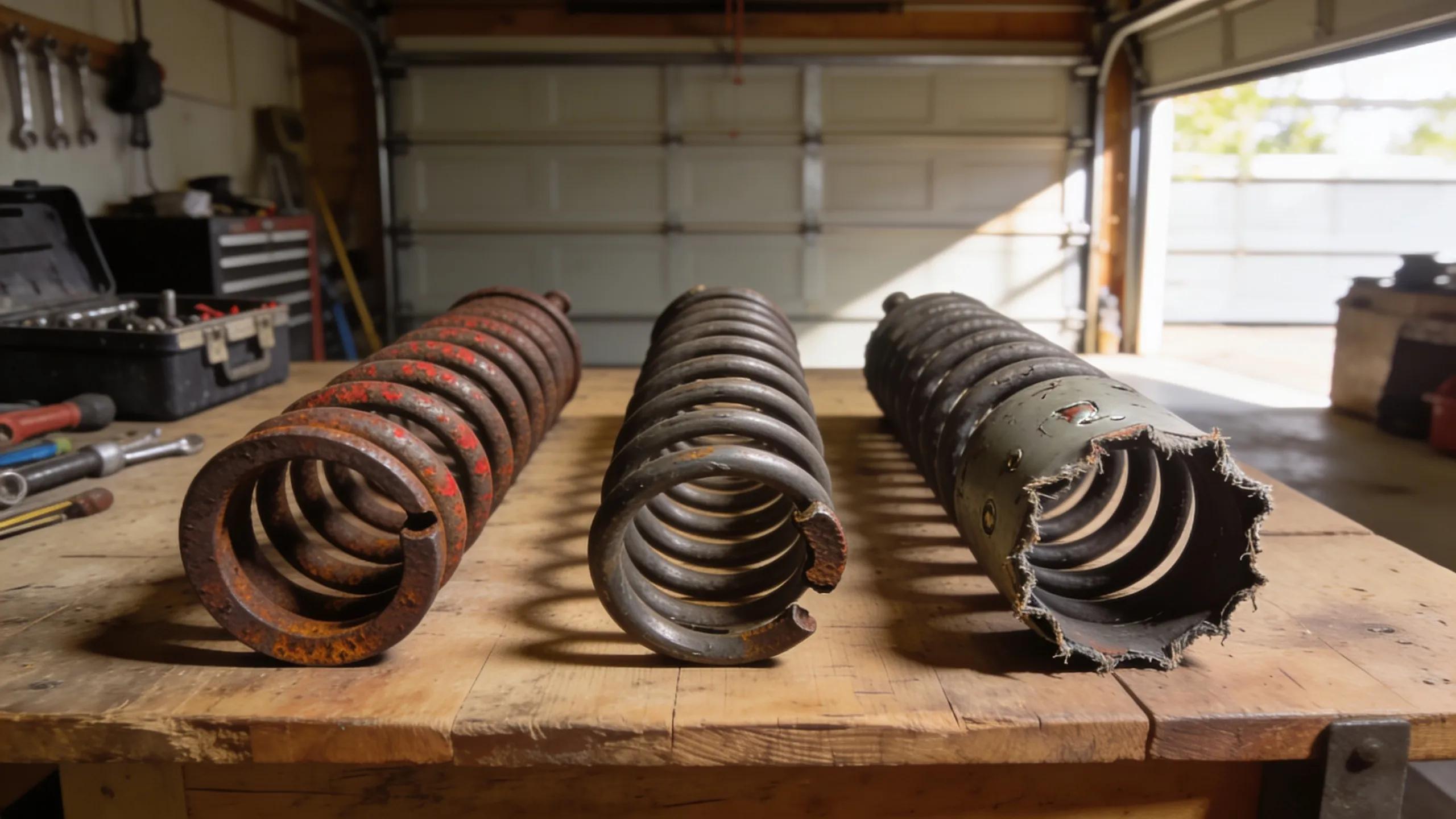 Image displaying three different garage door springs highlighting causes of damage including rust and wear