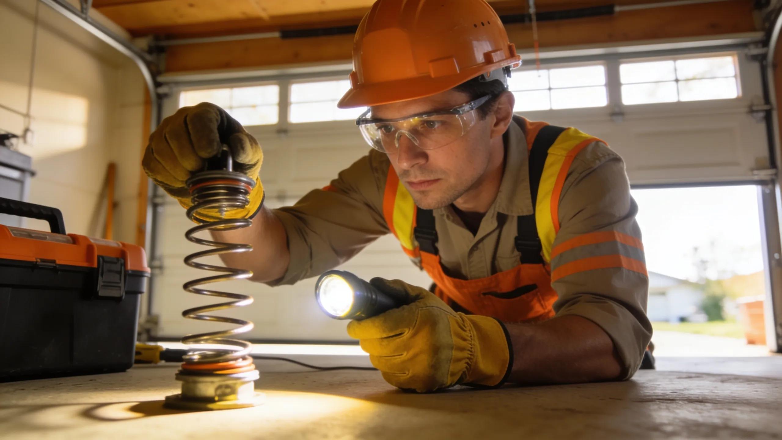 Technician inspecting a garage door spring with tools in a garage setting illustrating the repair process
