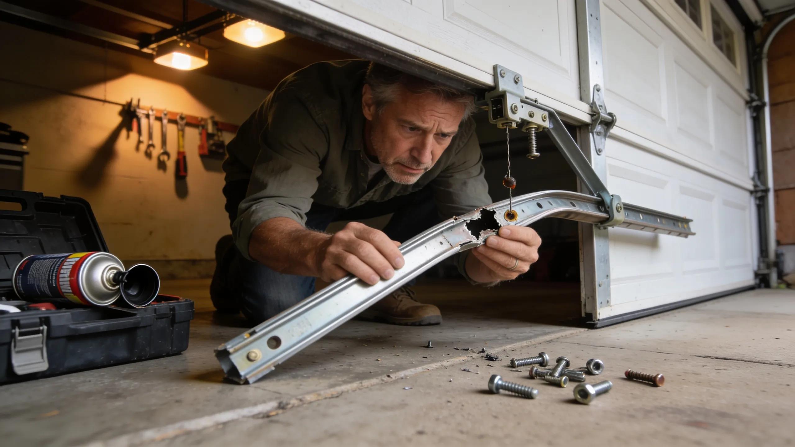 Homeowner inspecting a noisy garage door with visible issues like bent tracks