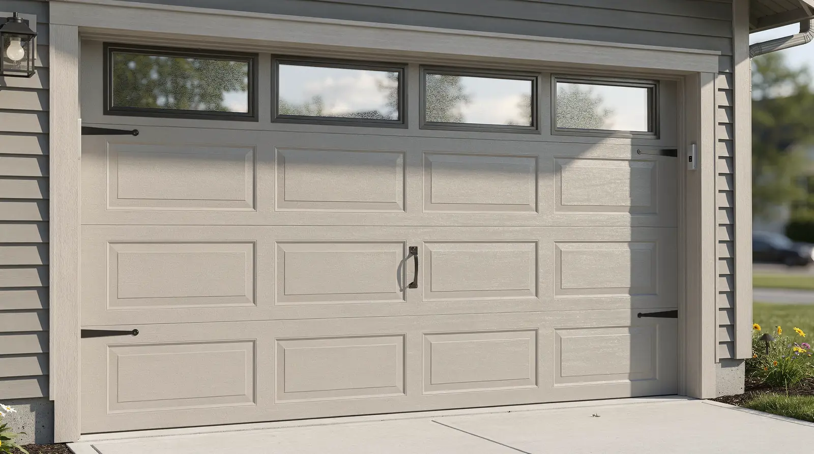 Placing top row garage door windows higher on the panel lets sunlight in while keeping